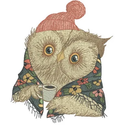 Granny owl's coffee embroidery design featuring a whimsical owl holding a coffee cup, perfect for cozy creations.