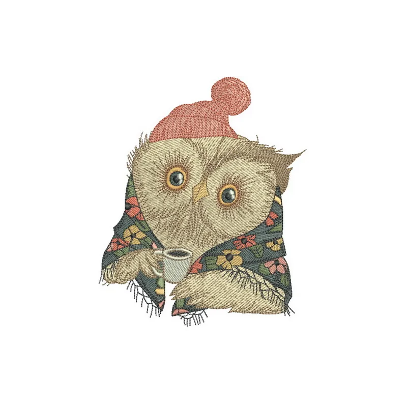 Granny owl's coffee embroidery design featuring a whimsical owl holding a coffee cup, perfect for cozy creations.