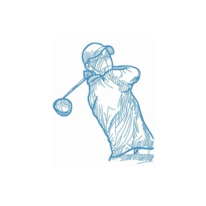 Embroidery design of a golfer swinging a club, ideal for stitching on caps, t-shirts, or golf towels.