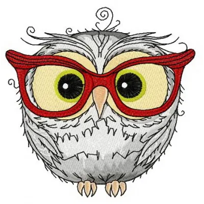 Owl in glasses embroidery design showcasing a whimsical owl motif perfect for stitching on t-shirts or tote bags.