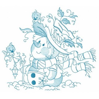 Snowman with his feathered friends embroidery design - Embroidery Design