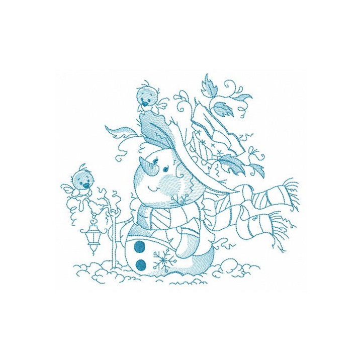 Snowman with his feathered friends embroidery design - Embroidery Design