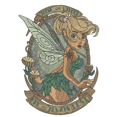 Scared Tinkerbell embroidery design showcasing a whimsical fairy in a delightful stitching pattern.
