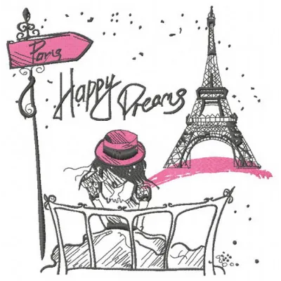 Preview of the Paris Happy Dreams embroidery design featuring a whimsical vacation theme for creative stitching.