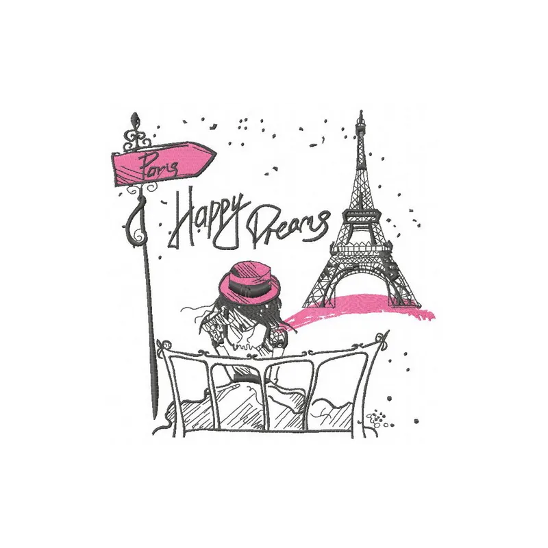 Preview of the Paris Happy Dreams embroidery design featuring a whimsical vacation theme for creative stitching.