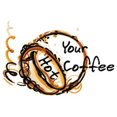 Embroidery design featuring a steaming cup of hot coffee, perfect for t-shirts and kitchen towels.