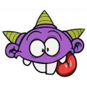 Purple horny monster embroidery design featuring a whimsical creature, ideal for playful projects on t-shirts or pillows.