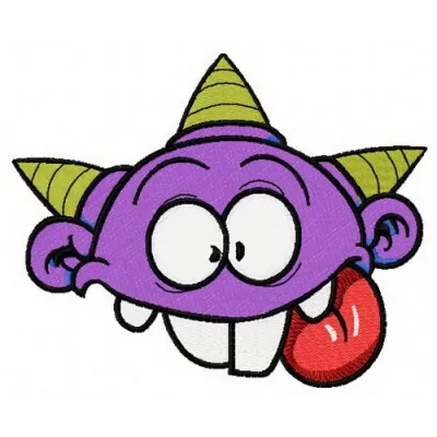 Purple horny monster embroidery design featuring a whimsical creature, ideal for playful projects on t-shirts or pillows.