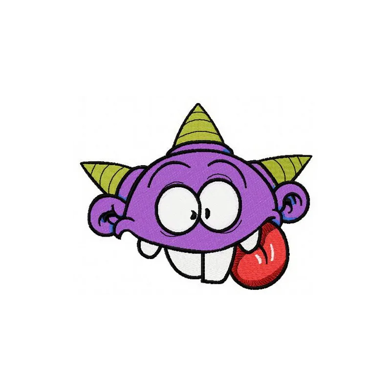 Purple horny monster embroidery design featuring a whimsical creature, ideal for playful projects on t-shirts or pillows.