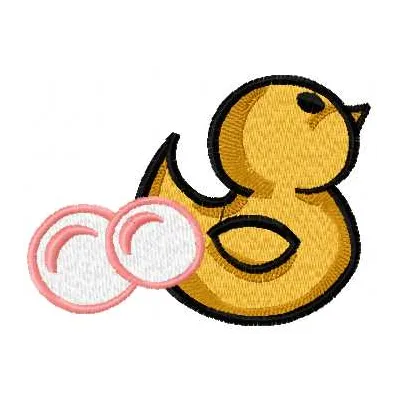 Embroidery design featuring a cute little duck surrounded by playful bubbles, perfect for children's toys.