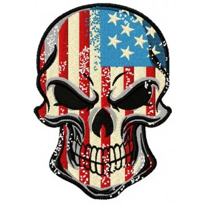 American skull embroidery design showcasing a patriotic theme, perfect for Independence Day projects.