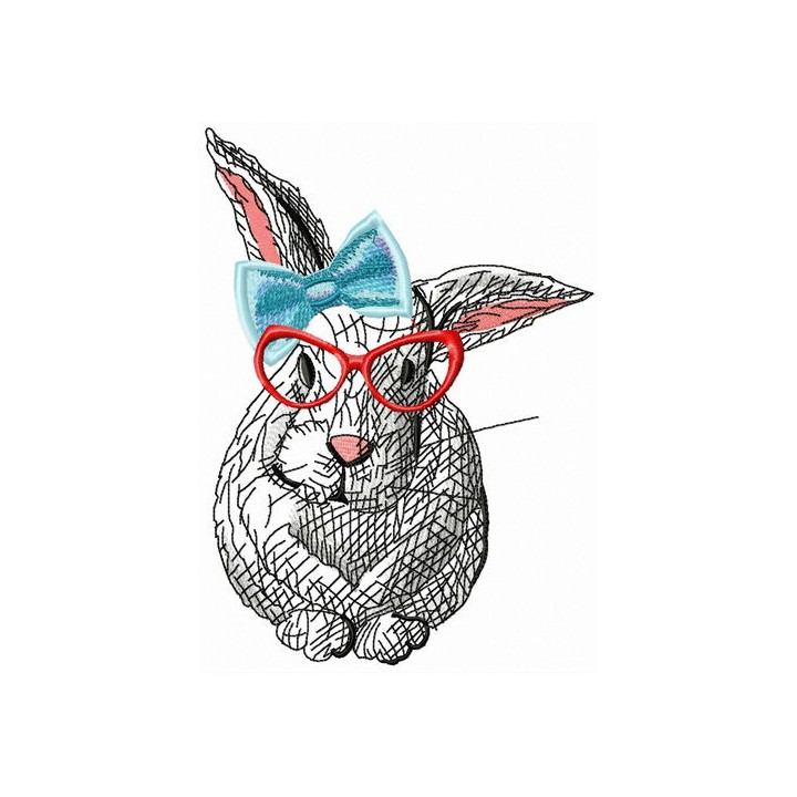 Clever rabbit with blue bow embroidery design - Embroidery Design
