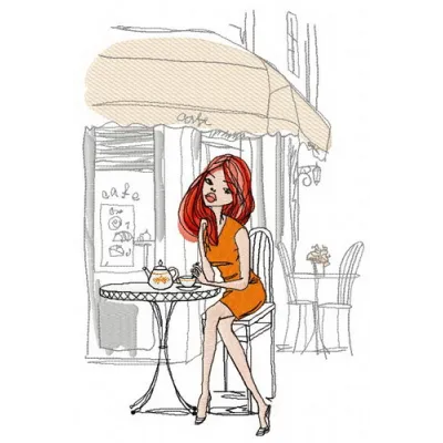 Tea time embroidery design featuring teacups and teapots, perfect for vacation-themed projects like towels or tote bags.