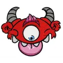 Red horny monster embroidery design featuring a playful and whimsical stitched motif, ideal for fun projects.