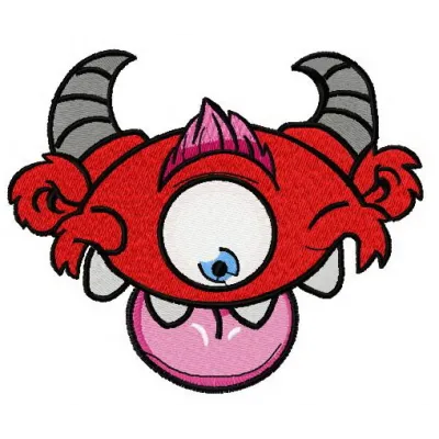 Red horny monster embroidery design featuring a playful and whimsical stitched motif, ideal for fun projects.