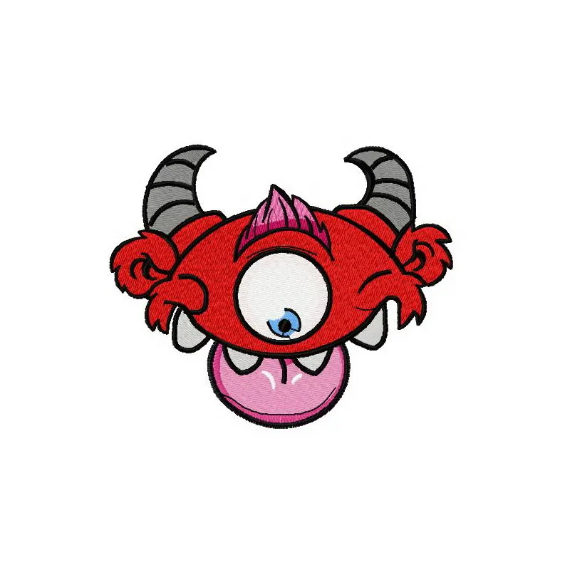 Red horny monster embroidery design featuring a playful and whimsical stitched motif, ideal for fun projects.