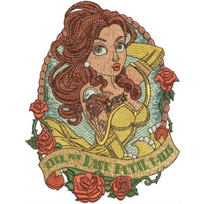 Till the last petal falls embroidery design showcasing a delicate floral motif inspired by Beauty and the Beast.