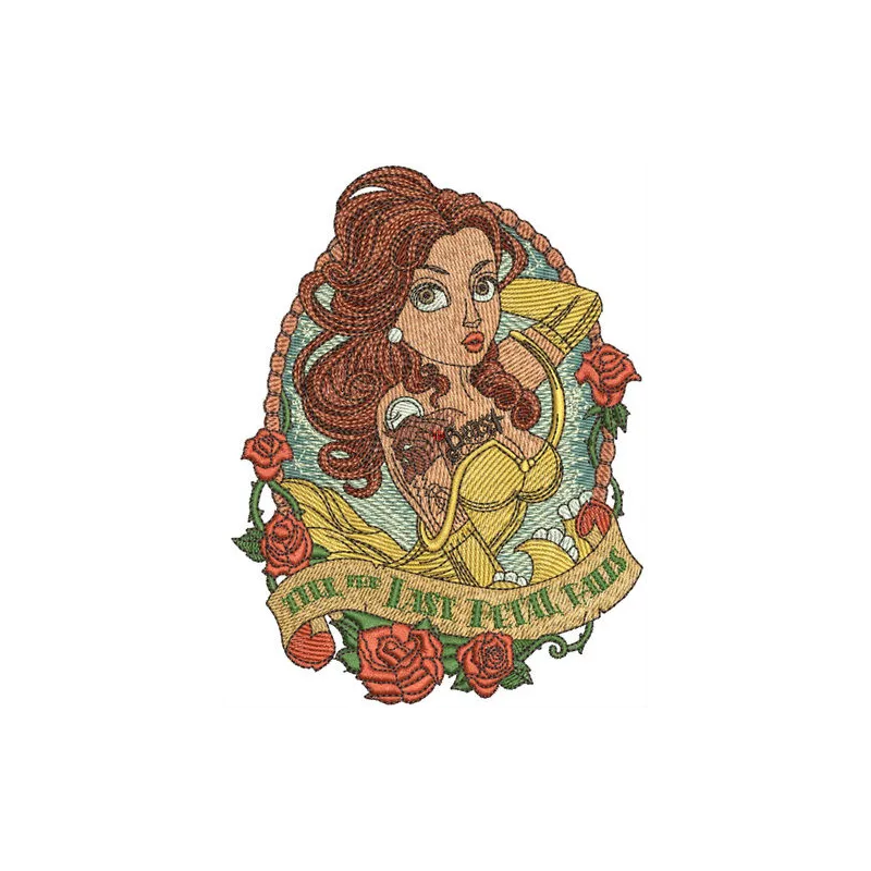 Till the last petal falls embroidery design showcasing a delicate floral motif inspired by Beauty and the Beast.