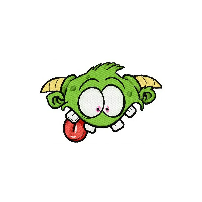Preview of a green horny monster embroidery design featuring playful details, perfect for crafting fun projects.