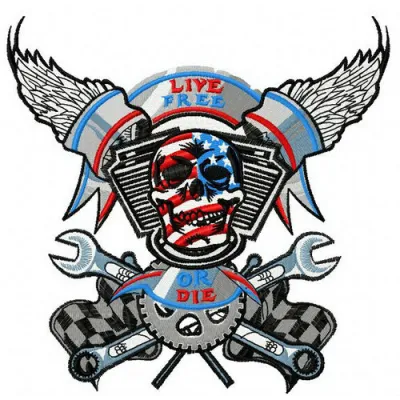 Live free or die embroidery design showcasing patriotic motifs for Independence Day celebrations.
