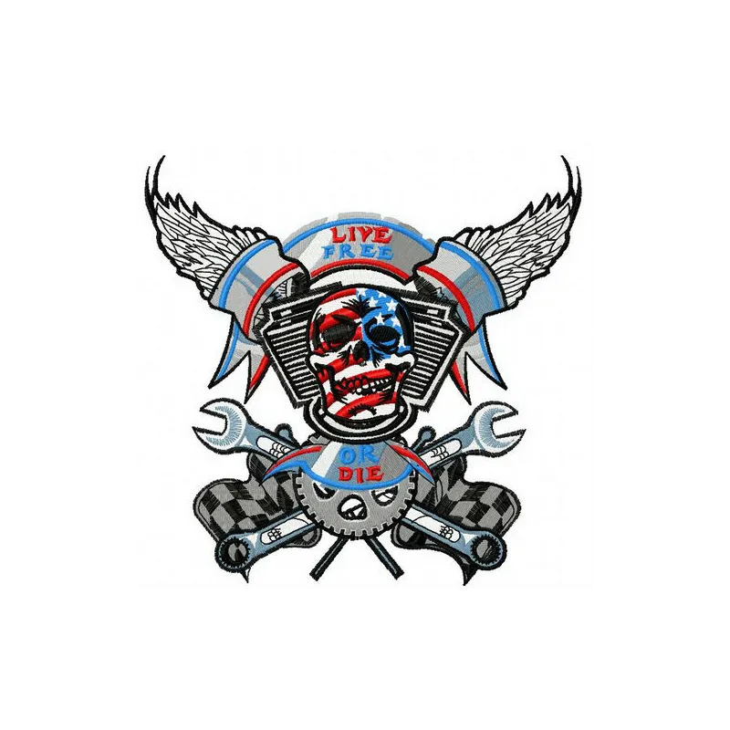 Live free or die embroidery design showcasing patriotic motifs for Independence Day celebrations.