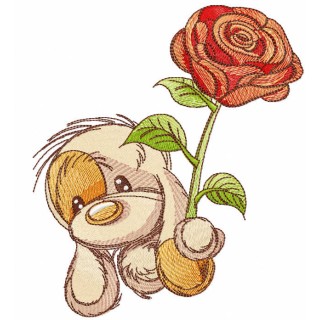 Loving dog with flower embroidery design - Embroidery Design