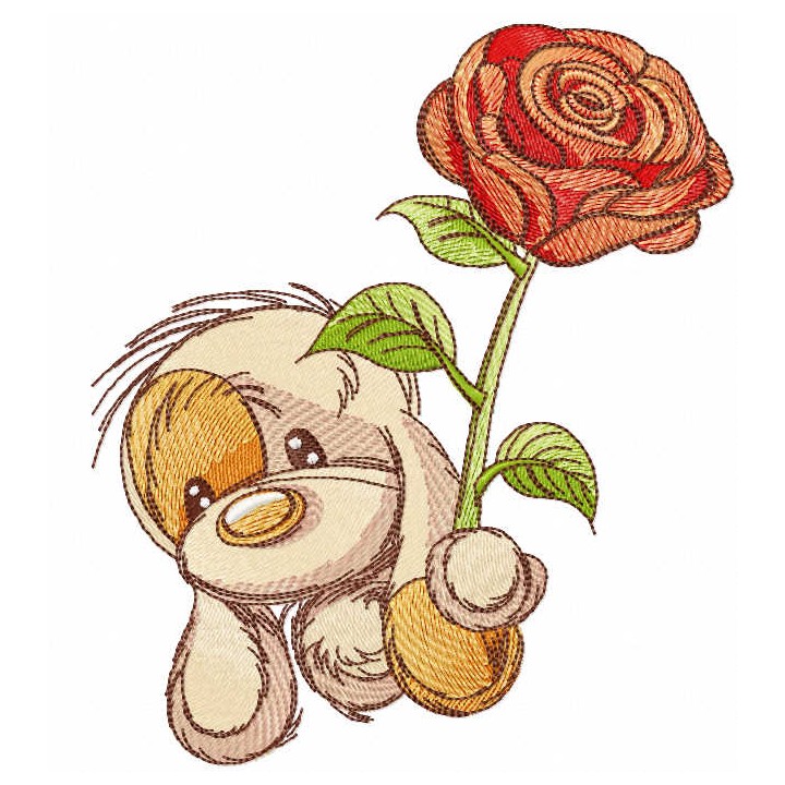 Loving dog with flower embroidery design - Embroidery Design