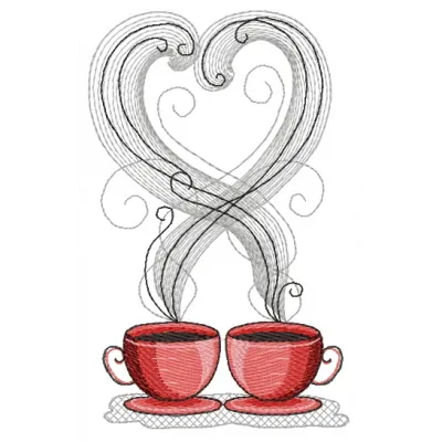 Coffee cups 2 embroidery design showcasing cheerful coffee cup motifs, perfect for kitchen-themed projects.