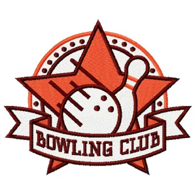 Bowling club embroidery design featuring a striking bowling ball and pins, ideal for stitching on apparel and accessories.