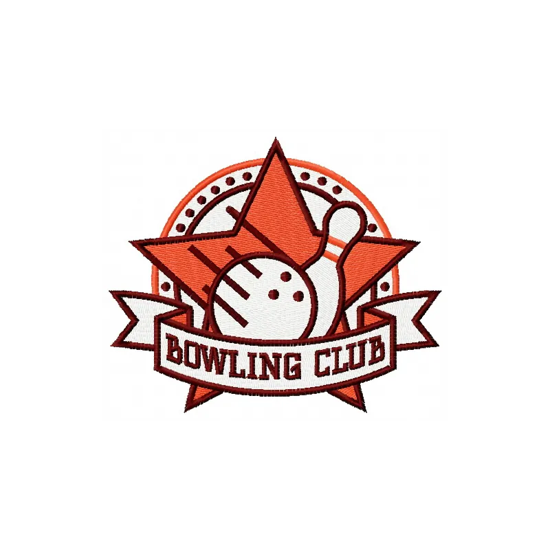 Bowling club embroidery design featuring a striking bowling ball and pins, ideal for stitching on apparel and accessories.