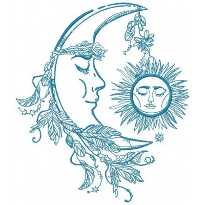 Sleeping moon and sun embroidery design showcasing whimsical celestial motifs for creative stitching projects.