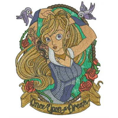 Once upon a dream embroidery design featuring Sleeping Beauty motifs, perfect for enchanting t-shirts and baby onesies.