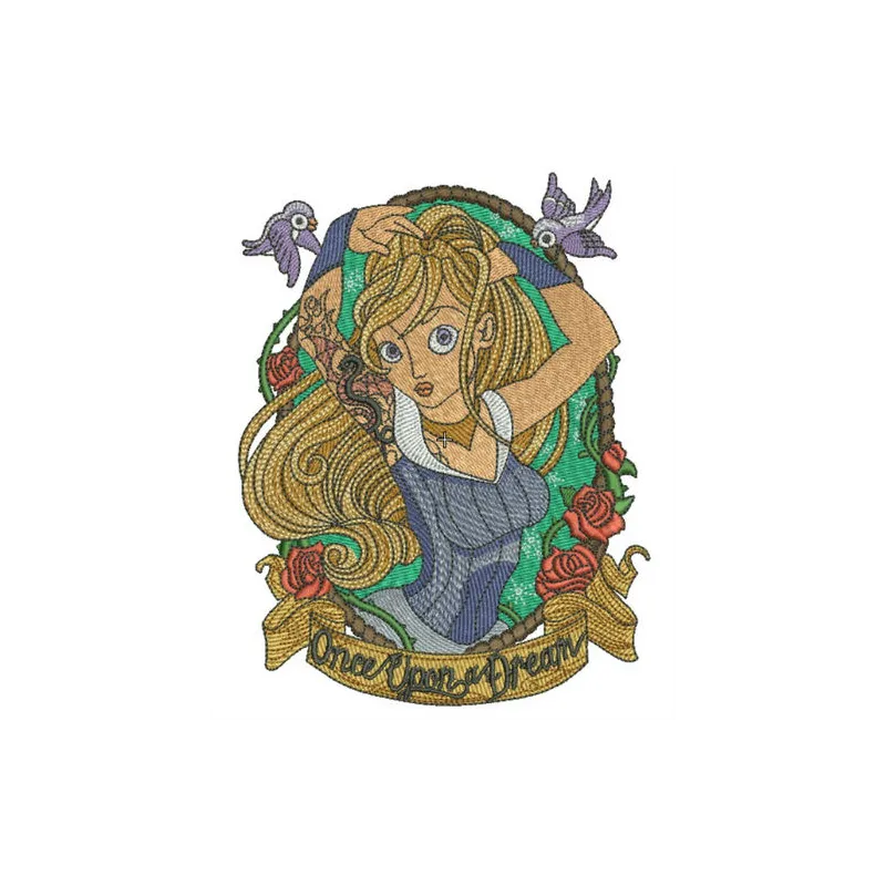 Once upon a dream embroidery design featuring Sleeping Beauty motifs, perfect for enchanting t-shirts and baby onesies.