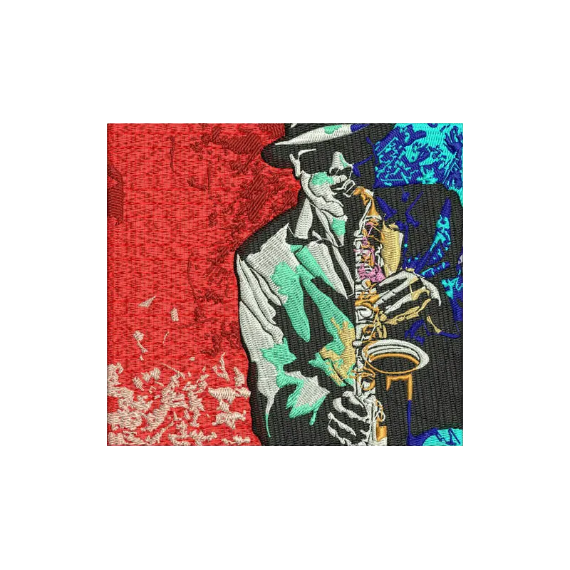 Saxophonist embroidery design featuring a detailed musician playing the saxophone, perfect for music-themed projects.