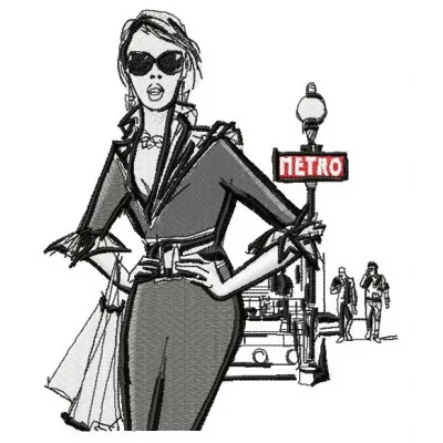 Embroidery design featuring a girl near a metro station, capturing the essence of urban travel.