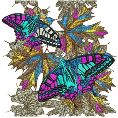 Autumn butterflies embroidery design showcasing vibrant motifs ideal for stitching on t-shirts and tote bags.