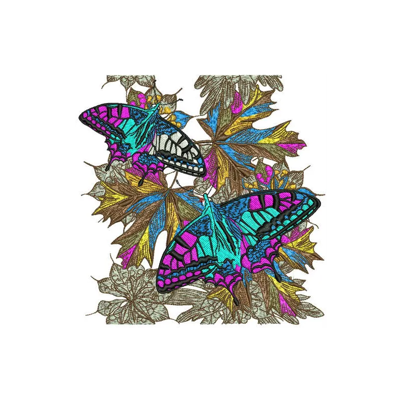 Autumn butterflies embroidery design showcasing vibrant motifs ideal for stitching on t-shirts and tote bags.