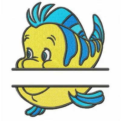 Flounder monogram embroidery design from the Little Mermaid collection, showcasing vibrant colors and playful motifs.