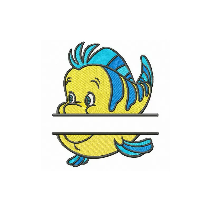 Flounder monogram embroidery design from the Little Mermaid collection, showcasing vibrant colors and playful motifs.