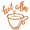 Hot coffee cup embroidery design featuring a steaming cup, ideal for stitching on kitchen towels or tote bags.
