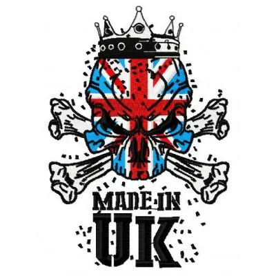 British skull embroidery design featuring intricate details, ideal for adding a unique touch to apparel and accessories.