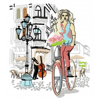 Cycling with bouquet embroidery design showcasing a vibrant stitched pattern, perfect for vacation-themed projects.