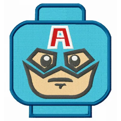 Embroidery design of Captain America LEGO head, showcasing detailed stitching patterns for creative projects.