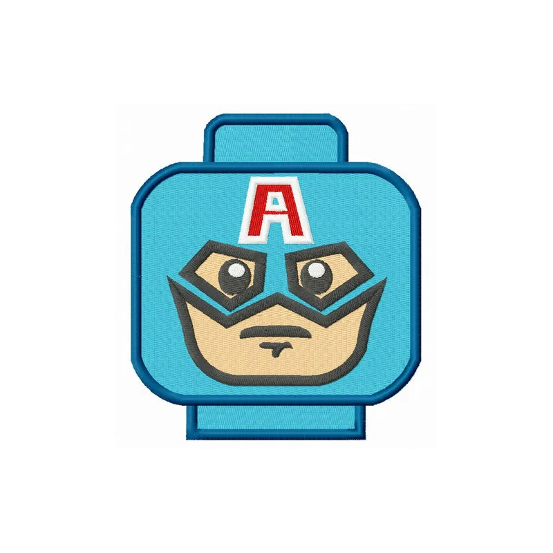 Embroidery design of Captain America LEGO head, showcasing detailed stitching patterns for creative projects.