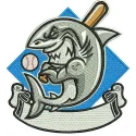 Colorful baseball shark embroidery design featuring a playful shark with a baseball cap, perfect for sports enthusiasts.