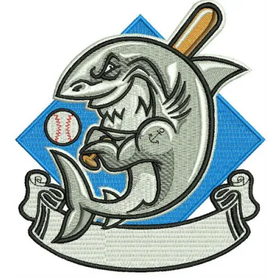 Colorful baseball shark embroidery design featuring a playful shark with a baseball cap, perfect for sports enthusiasts.