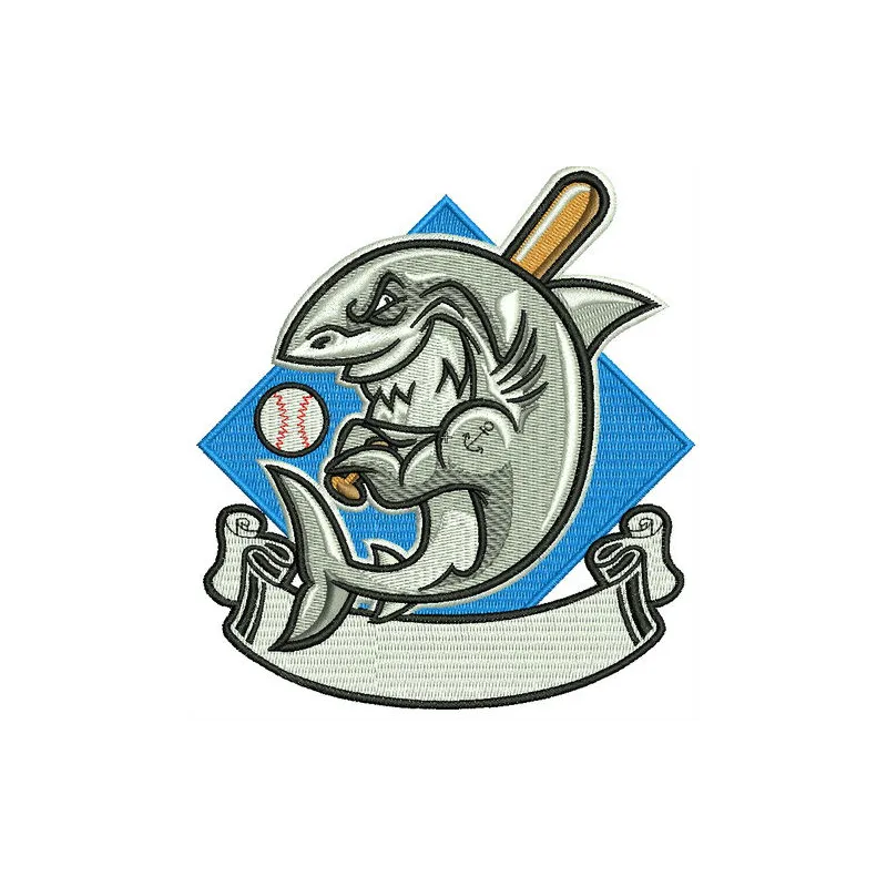 Colorful baseball shark embroidery design featuring a playful shark with a baseball cap, perfect for sports enthusiasts.