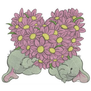 Elephants with flower heart embroidery design - Embroidery Design