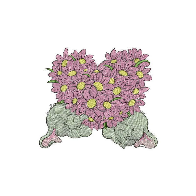 Elephants with flower heart embroidery design showcasing intricate stitched motifs for creative projects.