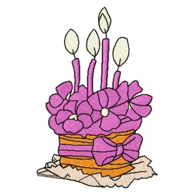 Birthday cake embroidery design showcasing a colorful cake with candles, perfect for kitchen-themed projects.